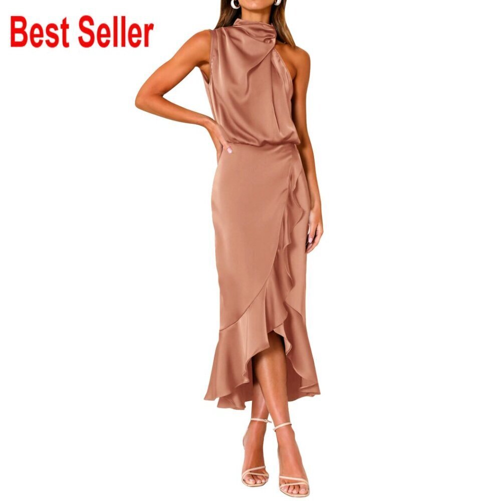 Satin Mock Neck Midi Dress Wrap Ruffle Formal Wedding Guest Cocktail